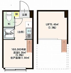 ハーモニーテラス大井II 1階ワンルームの間取り