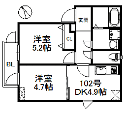 グランヒル箱崎 2DKの間取図画像