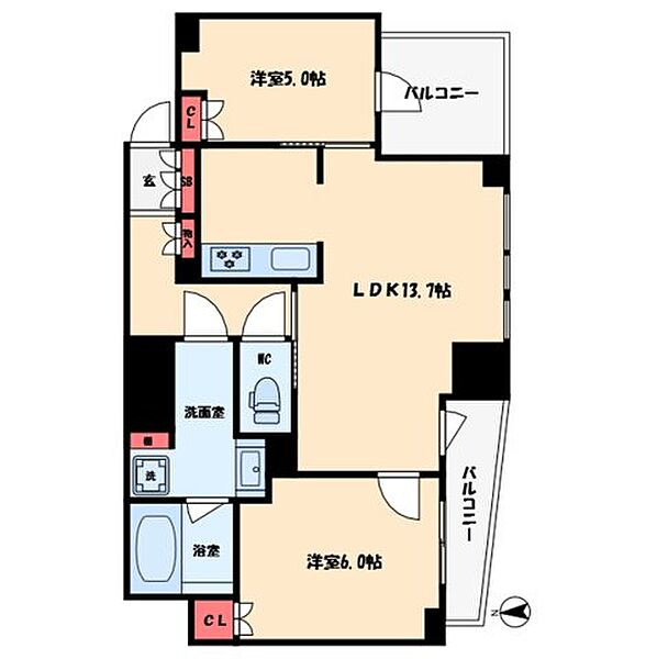 プラウドタワー北浜 ｜大阪府大阪市中央区高麗橋2丁目(賃貸マンション2LDK・12階・58.61㎡)の写真 その2