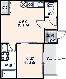 AND TERRACE TOMOI 2階1LDKの間取り