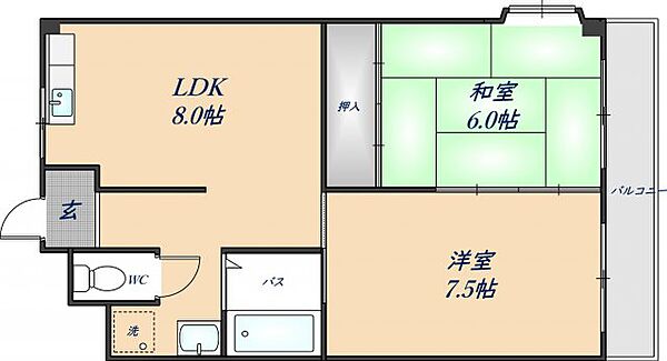 ビートル山本北A棟 202｜大阪府八尾市山本町北7丁目(賃貸マンション2LDK・2階・45.00㎡)の写真 その2