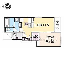 サニーフラット黒岡B棟 1階1LDKの間取り