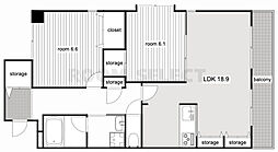 リアン東山 2LDKの間取図画像