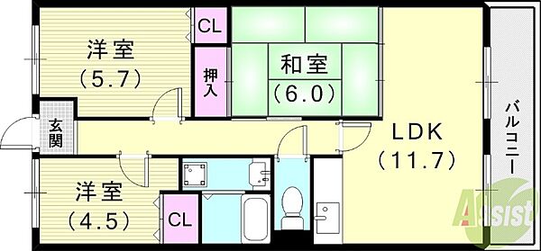 ファミール ｜兵庫県尼崎市食満2丁目(賃貸マンション3LDK・3階・66.00㎡)の写真 その2