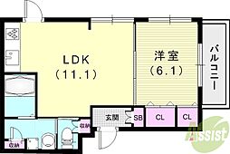 グリーンフォレスト武庫之荘12 2階1LDKの間取り