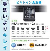 【食洗機】ビルトイン食洗機は、毎日の食器洗いの手間を大幅に減らし、家事の負担を軽くしてくれます。手洗いに比べて使用する水の量が少なく、節水・省エネにつながる点も魅力です。