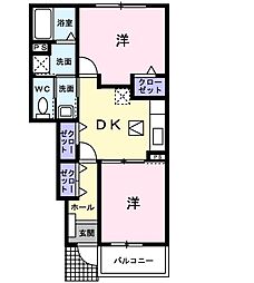 JR芸備線 中深川駅 4.3kmの賃貸アパート 1階2DKの間取り