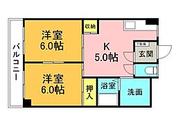 広島電鉄1系統 市役所前駅 徒歩7分の賃貸マンション 5階2DKの間取り