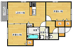 JR山陽本線 向洋駅 徒歩24分の賃貸アパート 1階2LDKの間取り