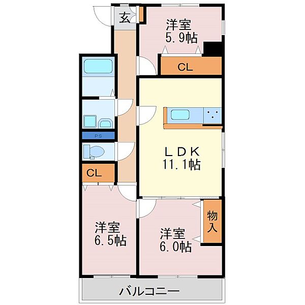 ヴィラージュエクセラン 305｜栃木県宇都宮市中今泉３丁目(賃貸マンション3LDK・3階・73.63㎡)の写真 その2