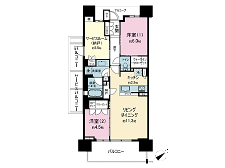2LDK+S（納戸）、専有面積69.16m2、バルコニー面積14.39m2