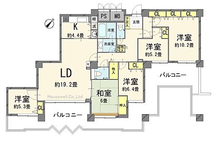 18階の眺望が魅力の5LDKです。約19.2帖のLDに隣接する和室はお子様のお昼寝にも便利で、各居室にはクローゼット付き。2方向バルコニーで採光・通風も心地よく、ご家族で快適に暮らせる住まいです。