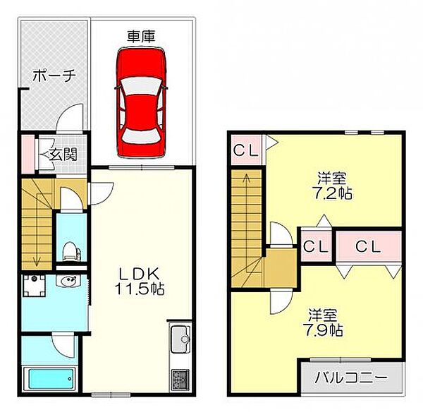 ヴィラージュ新町 ｜大阪府八尾市東山本新町6丁目(賃貸タウンハウス2LDK・1階・62.61㎡)の写真 その2