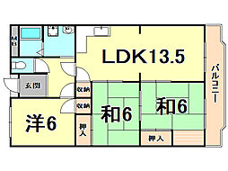 夙川ライムヴィラ 3LDKの間取図画像
