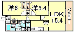 甲子園三番町ハイツ 2LDKの間取図画像