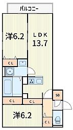セレスティア北小岩II 2階2LDKの間取り