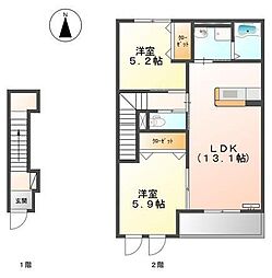 JR山口線 大歳駅 バス3分 朝田下車 徒歩4分の賃貸アパート 2階2LDKの間取り