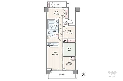 間取り：間取りは専有面積95.32平米の4LDK。LDK約18.5帖の縦長リビングのプラン。複数方向に採光部があり、バルコニー面積は18.39平米です。