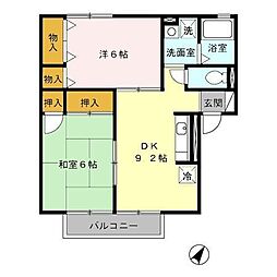 セジュールTOJIKI 1階2DKの間取り