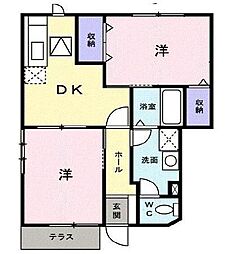 エステートヒルズＢ 1階2DKの間取り