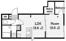 メゾンヤママス 2階1LDKの間取り