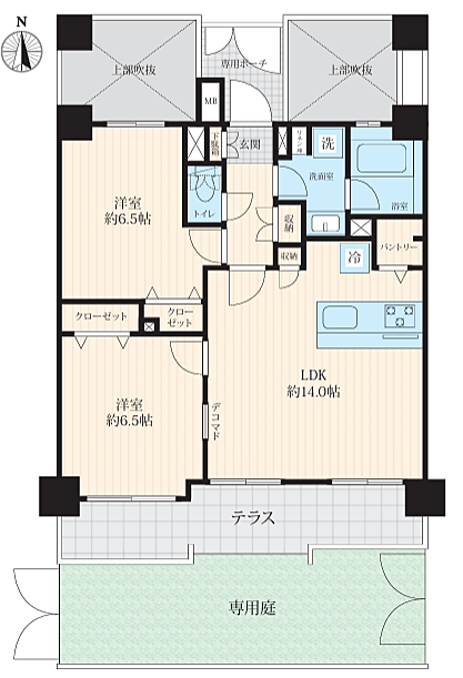緑と親しむ専用庭とテラス付きの住戸は南向き住戸で陽当たりも良好。各居室収納充実の住まい