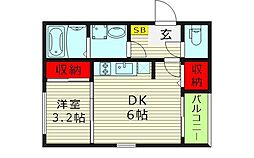 グランディールソレイユ 2階1DKの間取り