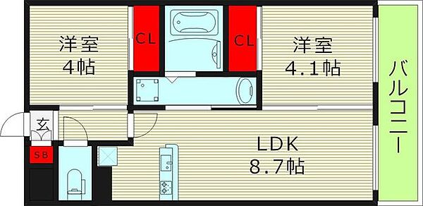 大阪府大阪市生野区田島１丁目(賃貸マンション2LDK・8階・40.30㎡)の写真 その2