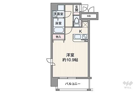 間取りは専有面積33.12平米の1R。水回りが全て独立したプラン。洋室は約10.9帖の広さがあり、2面採光を確保しています。バルコニー面積は4.55平米です。