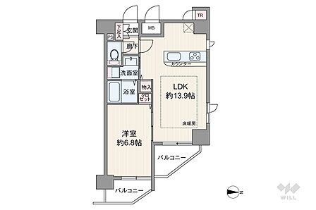 間取りは専有面積45.71平米の1LDK。玄関からすぐLDKにアクセスし、LDKから個室に出入りするプラン。LDKは2面採光で、キッチンにも窓があり換気がしやすく快適。バルコニー面積は6.88平米。