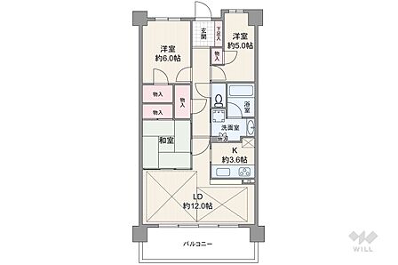 間取りは専有面積72.36平米の3LDK。連窓サッシで開放的な横長リビングのプラン。和室は引戸を開け、リビングと繋げて使用することもできます。バルコニー面積は12.16平米とゆとりがあります。