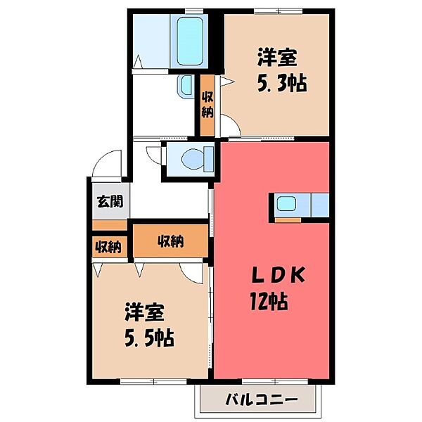 シャルル・アンレ ｜群馬県伊勢崎市波志江町(賃貸アパート2LDK・2階・52.01㎡)の写真 その2