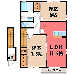 東武伊勢崎線 新伊勢崎駅 徒歩11分の賃貸アパート 2階2LDKの間取り