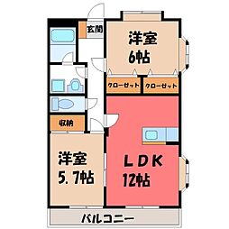 JR両毛線 伊勢崎駅 徒歩19分の賃貸マンション 2階2LDKの間取り
