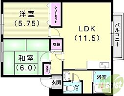 サンガーデン北別府A棟 2LDKの間取図画像