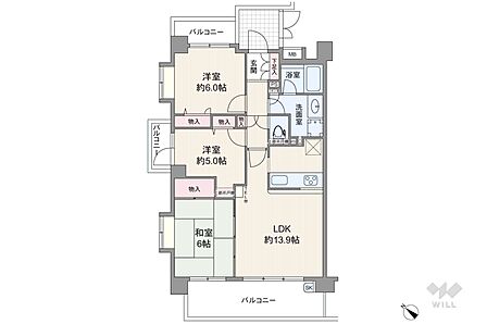 間取りは専有面積67.06平米の3LDK。LDK約13.9帖の縦長リビングのプラン。複数方向に採光部があり、バルコニー面積は6平米(概算)です。