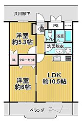 東カン中の島パークサイドマンション 2LDKの間取図画像