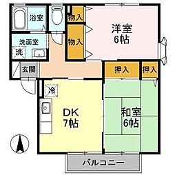 ローズヒップガーデンB棟 2DKの間取図画像