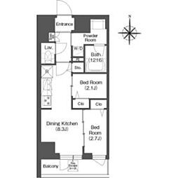 東急池上線 蓮沼駅 徒歩2分の賃貸マンション 12階2DKの間取り