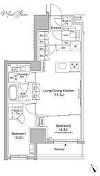 ザ・パークハビオ日本橋茅場町 10階2LDKの間取り