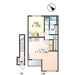 JR予讃線 鬼無駅 3.1kmの賃貸アパート 2階1LDKの間取り