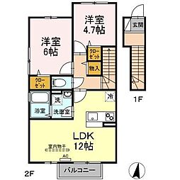JR高徳線 志度駅 徒歩9分の賃貸アパート 2階2LDKの間取り