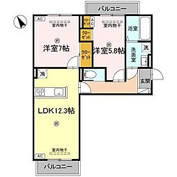 Ｊ．リヴェール高松西宝町　Ａ棟 2階2LDKの間取り