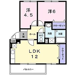 リヴィエール宮本2 2LDKの間取図画像