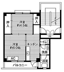 ビレッジハウス白鳥2号棟 2Kの間取図画像