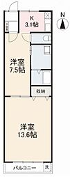 宝久ハイツ 2階2Kの間取り