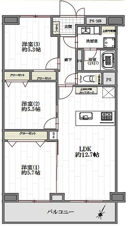 対面キッチンのLDKを中心に使いやすい間取りです