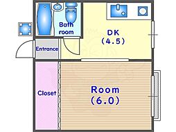 ハイムこけん 2階1DKの間取り