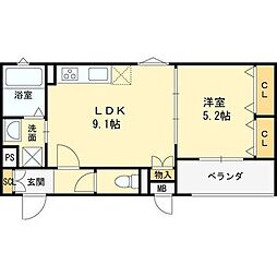 グランディール豊川 1階1LDKの間取り