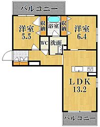 サクラ・メゾン西大寺 2階2LDKの間取り